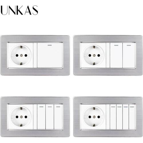 UNKAS EU Standard Wall Power Socket 146MM*86MM + 1 2 3 4 Gang 1 / 2 Way On / Off Light Switch Stainless Steel Panel Outlet