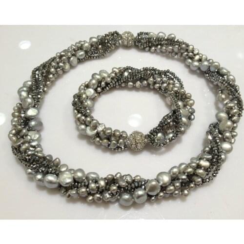 Grey Freshwater Pearl Crystal Necklace Bracelet Jewelry Set Multilayer Twist Necklace Fashion Women Jewelry Gift(earring)