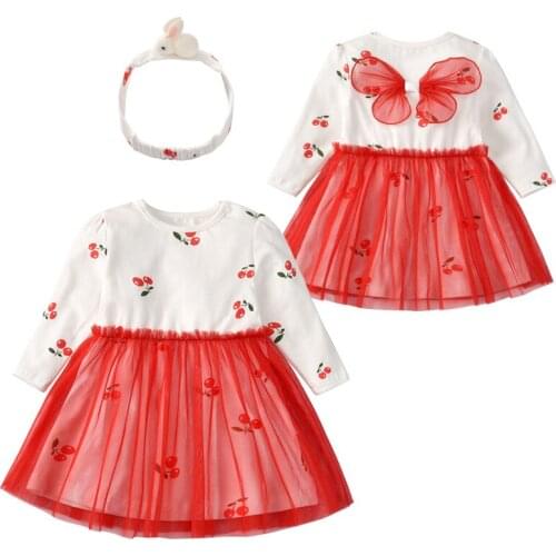 Baby Girl Dress Sweet Spring/Autumn Dress For Toddlers Cherry Printed TuTu Skirt Hair Band Suits Pink/Red Newborn Girls Outfits
