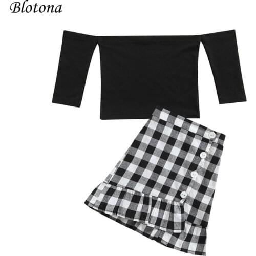 Blotona 2Pcs Toddler Casual Outfits, Girls Off-shoulder Solid Color Long Sleeve Boat Neck Pullover +Slit Plaid Skirt, 18M-7Years