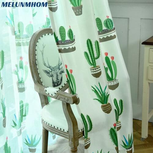 Simple Modern Nordic Plant Personality Curtains for Living Room Bedroom Green Potted Plants Sheer Tulle Curtains for The Kitchen