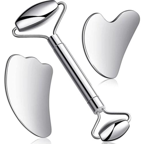 Stainless Steel Facial Roller & Gua Sha Tool Set Face Care Massage Neck Beauty Health Anti Wrinkle Cellulite Skin Detox Massager