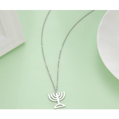 Skyrim Menorah Candle Holder Pendant Necklace for Women Geometric Religious Jewelry Chain Necklaces Stainless Steel Judaica Gift