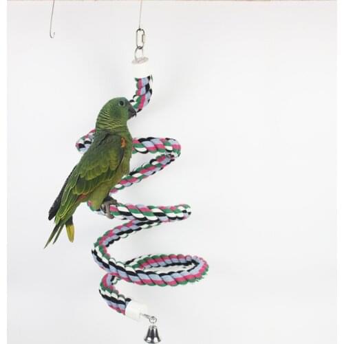 Rope Perch for Parrots 2.9 Meter Long, Bungee Bird Toy, Brightly Colored Handmade Chew Toy, Spiral Design with Jingling Bell