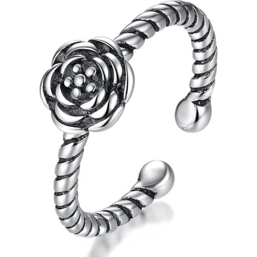Vintage Black Sweet Rose Love Thai Silver Color Adjustable Ring For Women Luxury Dainty Sipmle Trendy Jewelry Gifts