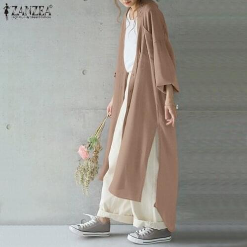 Womens High Split Blouse ZANZEA 2021 Elegant Solid Cardigans Casual Long Sleeve Shirts Female Irregular Tops Plus Size Tunic