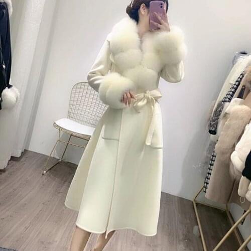 Women Long Cashmere Jacket With Long Real Fox Fur Collar Fashion Long Sleeve Female Wool Blended Coat With Genuine Fox Fur Cuff