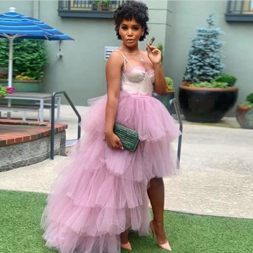 Pretty Nude Pink Ruffles High Low Tulle Skirts For Women To Birthday Party Long Puffy Tulle Skirt Elastic Custom Made