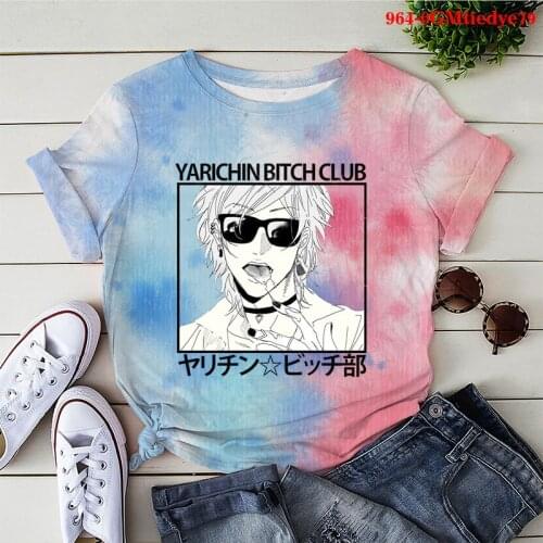 Tie Dye Anime Shirts Harajuku Korean Style Fashion Yarichin B Club Print Kawaii Women Tshirts Manga 90s Girls T Shirt Clothing