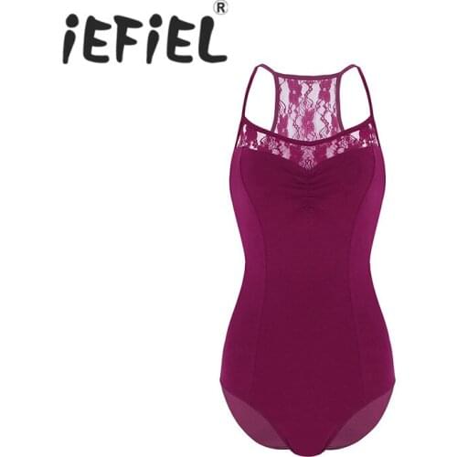 Women Adult Spaghetti Straps Lace Floral Criss Cross Built In Shelf Bra Leotard Gymnastics Bodysuit Ballet Performance Dancewear