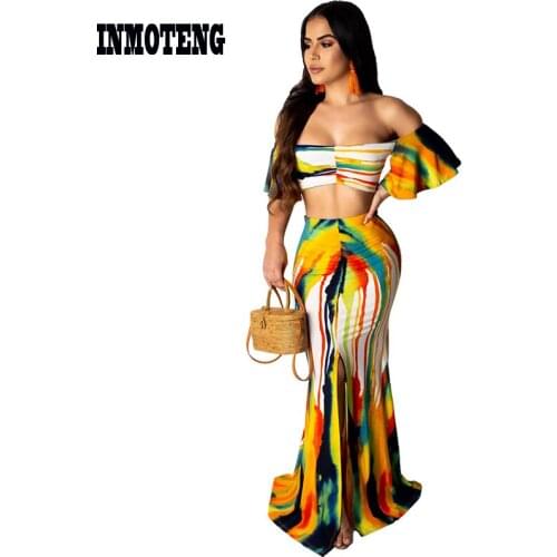 INMOTENG Women Sexy Ink tie dye Slash Neck Ruffles Short Sleeve High Split 2 Pieces Skirt Sets Yellow Bodycon Skinny Outfits