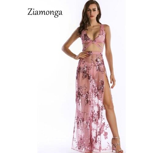 Ziamonga 2019 High Split Maxi Dress Chiffon Sexy Evening Party Clubwear Spaghetti Strap Dresses Sequin Sexy Backless Women Dress