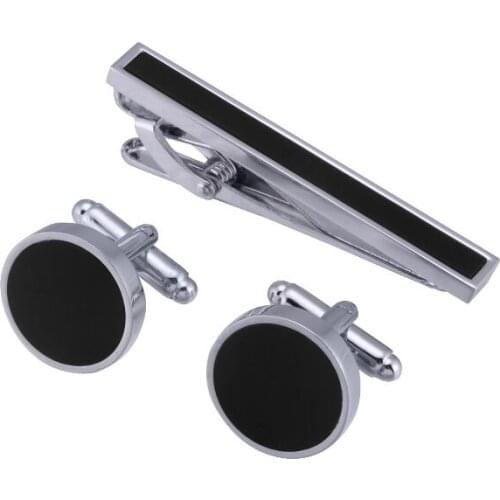 10sets/lot Classic Black Round Onyx Cufflinks+Tie Clip Set Business Style Cuff Links&Tie Pin Bar Sets Simple Fashion Men Jewelry