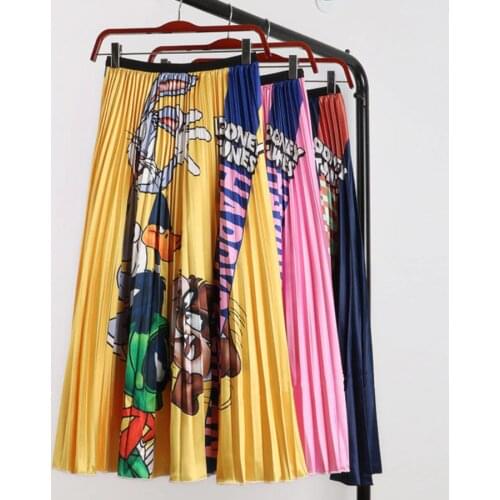 2020 New Autumn Cartoon Printed Pleated Skirt Women Long Skirts High Waist Harajuku Tulle A-Line Mid-Calf Skirts High Quality