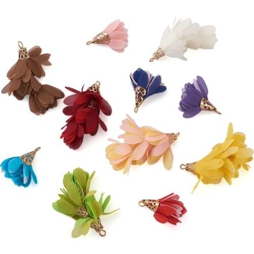 80Pcs Colorful Cloth Flower Tassel Pendants Assorted Color with Filigree Cap Bails for Jewelry Crafts Keychain Making