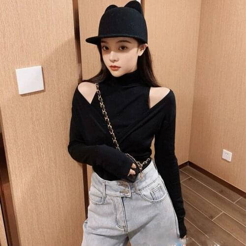 Black Fake Two-piece Off Shoulder Bottomed t Shirt Women tshirt Wear Sexy Slim Long Sleeve T-shirt Outside In Autumn And Winter