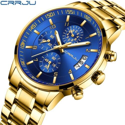 CRRJU Luxury Brand Watches for Men Casual Sporty Quartz Wristwatch with 316 Stainless Steel Band Chronograph Clock Male gold