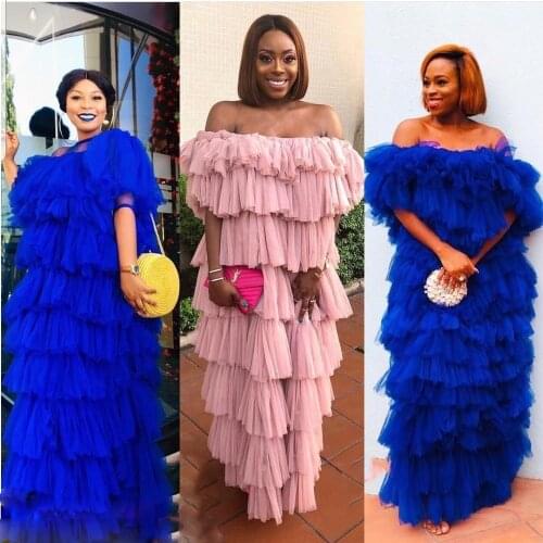 Hot Sale Ruffles Tiered Long Prom Gowns Chic Party Dress Floor Length Puffy Tulle Special Occasion Dress Straight Formal Dress