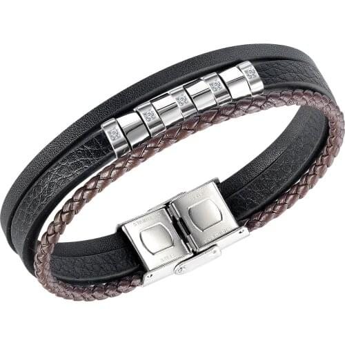 Cyue European Men Punk Brown Braided Leather Bracelet Charm With CZ Stainless Steel Button Wristband Jewelry ZYLB0191