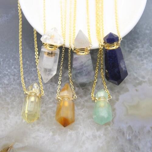Fluorite/Agate/Australian Jades/Sodalite Hexagon Points Perfume Bottle Pendant,Citrines/White Quartz Essential Oil Diffuser Vial