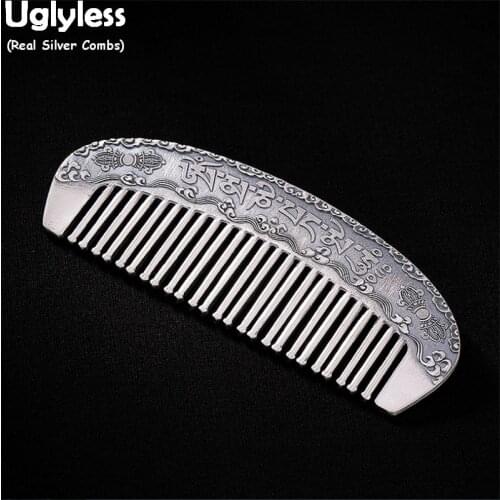 Uglyless Solid 999 Pure Silver Hair Combs for Women Buddhism Six Words Mantra Combs Gift Fine Jewelry for Buddhists Thai Silver
