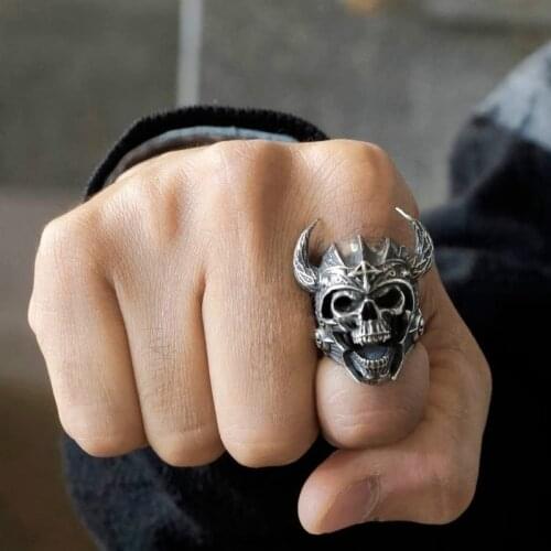 Cool Silver Color 316L Stainless Steel Viking Warrior Skull Rings Mens Punk Nordic God of War Biker Jewelry Gift for Him