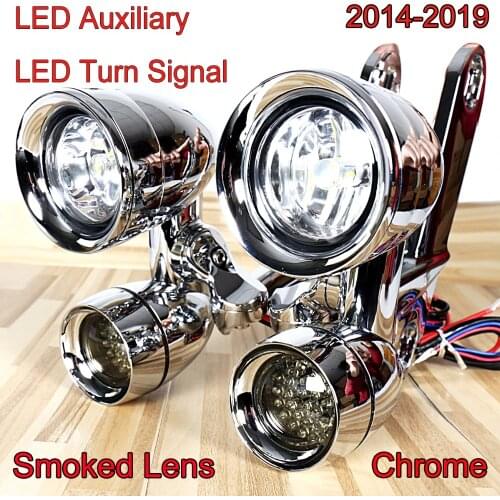 Chrome Fairing Mounted LED Driving Lights&LED Smoked Turn Signals Fit For Harley 2014-2019 Electra Street Glide Models