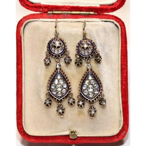 Perfect Old Original 12k gold Islamic Natural Rose Cut Diamond And Enamel Decoratep Drop Earring