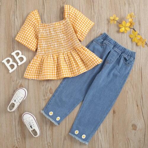 Summer New Fashion Baby Kids Girls Clothes Square Neck Short-sleeved Pullover Top Denim Trousers Pants Cute Childrens 2Pcs Suit