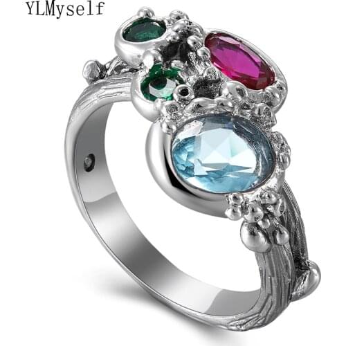 Multi Color Oval Blue/Fuschia Crystal Ring Trendy Gun Black Jewellery Top quality Door to Door Shipping Women Jewelry rings