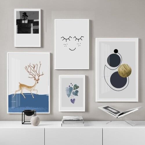 Wall Art Canvas Paintings Nordic Style Geometry Posters Prints Cartoon Deer and Tree Wall Pictures For Living Room Home Decor