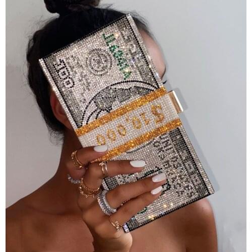 New Fashion Hundred Dollar Bill Jelly Bag Bling Rhinestone Money Clutch Purse and Handbags Luxury Crystal Headband Clutch Bags