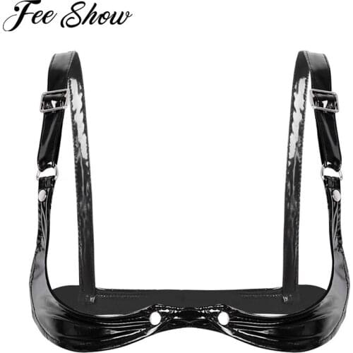 Sexy Womens Wetlook Faux Leather Bra Adjustable Spaghetti Straps Wire-free Bra Half Bra Lingerie Open Cup Bra Tops for Nightclub