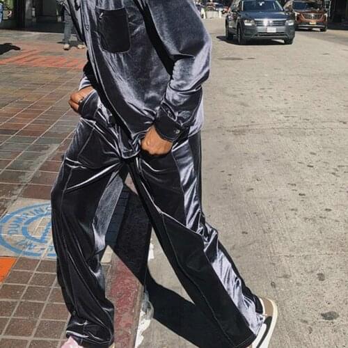 Dark Blue Contrast Velvet Trouser Hip Hop Loose Fit Centre Seam Sweatpants Zipped-ankle Two-Pocket Styling