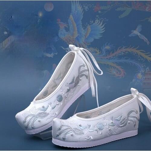 Womens Antique Embroidered Shoes Ancient Clothes Shoes with Sloping Heel and Raised Bow Shoes, Spring and Autumn Single Shoes