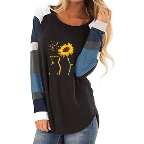 Harajuku Cat Print Blouse Women Fashion Tops Long Sleeve O-Neck Autumn Shirts Sunflower Printing Loose poleras mujer de moda