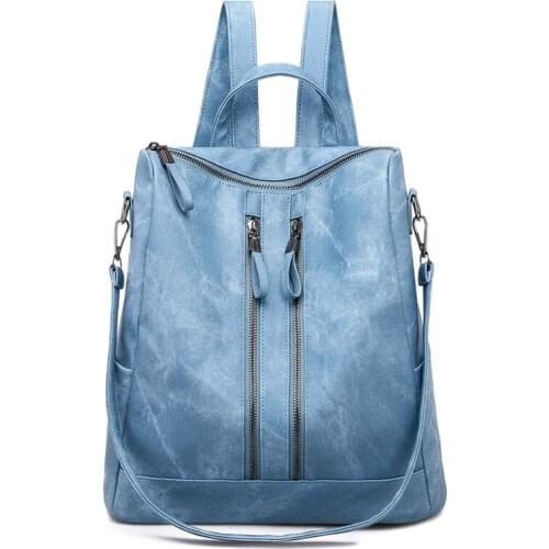 2021 Women PU Leather Backpacks Female Blue Solid High-capacity Fashion Backpack For Girls School Bag Back Pack