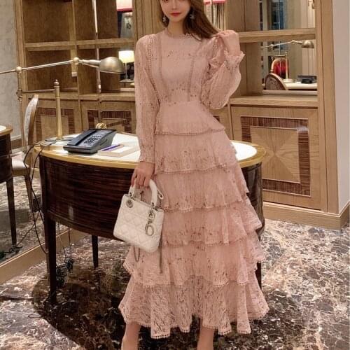 Vintage Autumn New Fashion Lace Embroidery Streetwear Ruffles Layered Midi Dress Women Sweet Pink Elegant Dress Vestidos