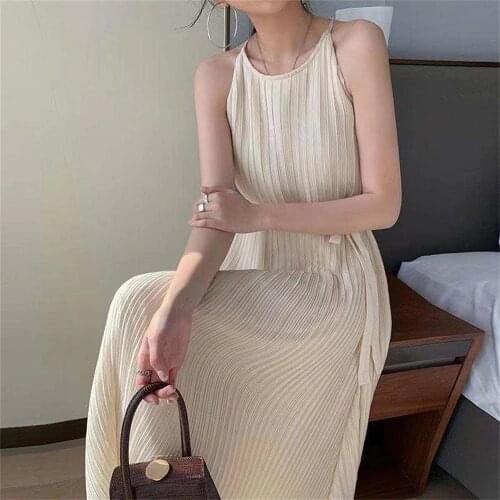 Alien Kitty Apricot Pleated Long Dress Elegant Plus Size Solid Folds Chic Summer 2021 Prom Sexy Slim Casual Office Lady Vestidos