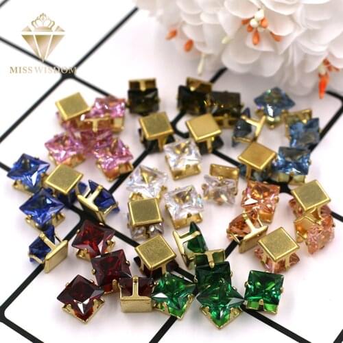 Free shipping 8mm Square shape Zircon artificial gemstone with claw flatback golden base rhinestones DIY jewelry Accessories