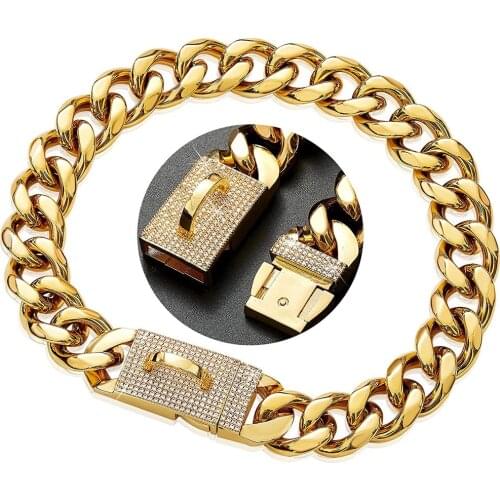 19mm 18k Gold Plated Pet Dog Chain Collar Diamond Necklace Stainless Steel Training Choke Collars for Large Medium Small Dogs