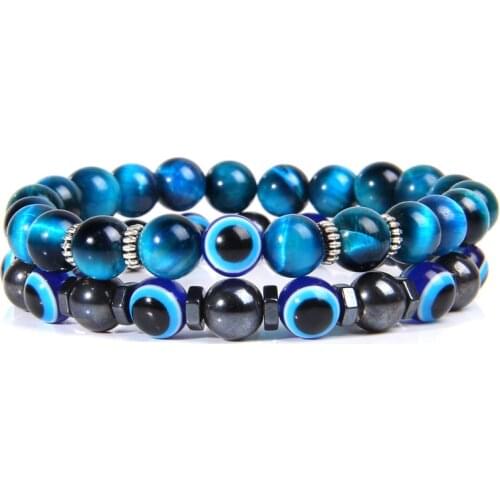 Double Bracelets Men Natural Blue Tiger Eye Stone Bangle Vintage Elastic Jewelry Women Lovely Evil Eye Charm Pulsera Friendship