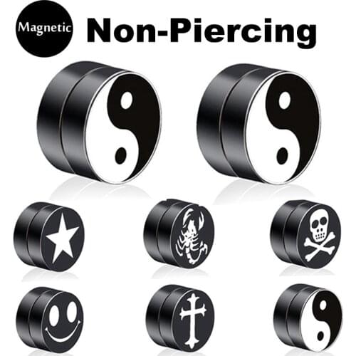 HONGTU 1Pc Logo Non-Piercing Magnetic Clip Stud Earrings Black Stainless Steel Fake Cheater Earring Plug Magnet Ear Jewelry Gift