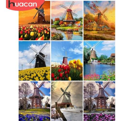 HUACAN Oil Painting Spring Landscape Drawing On Canvas HandPainted Art Gift DIY Coloring By Number Windmill House Kit Home Decor