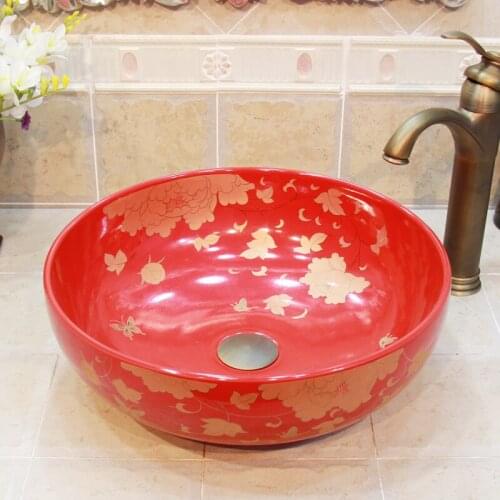 China Artistic Handmade porcelain Round bathroom counter top ceramic Bathroom basin sink ceramic hand wash basin