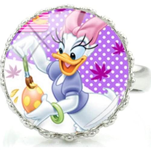 Disney Cute And Funny Donald Duck Pattern Ring Glass Cabochon Ladies Ring Girls Adjustable Size Handmade Jewelry Ring