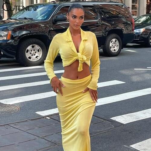 Cutenew Fashion Solid Two Piece Set Women Outfits Turn-Down Collar Long Sleeve Crop Top + Maxi Skirt Lady Casual Slim Streetwear