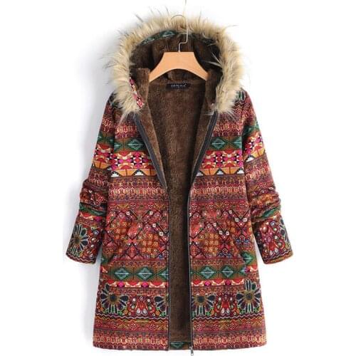 Mid-Length Cotton-Padded Jacket Women 2020 Winter Fashion New Ethnic Style Printed Fur Collar Hooded Plus Velvet Warm Coat Trend