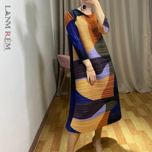 LANMREM 2021 Spring New Stand Collar Printing Dresses For Women Loose Temperament Womens Fashion Tide Clothes YH915
