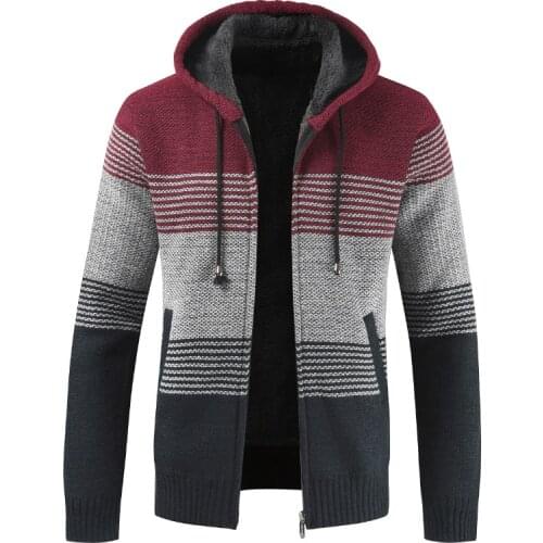 Mens Winter Warm Sweatercoat Fleece Jacket Casual Knitted Cardigan Thick Hooded Jacket Autumn Patchwork Stripe Jumpers Sweater